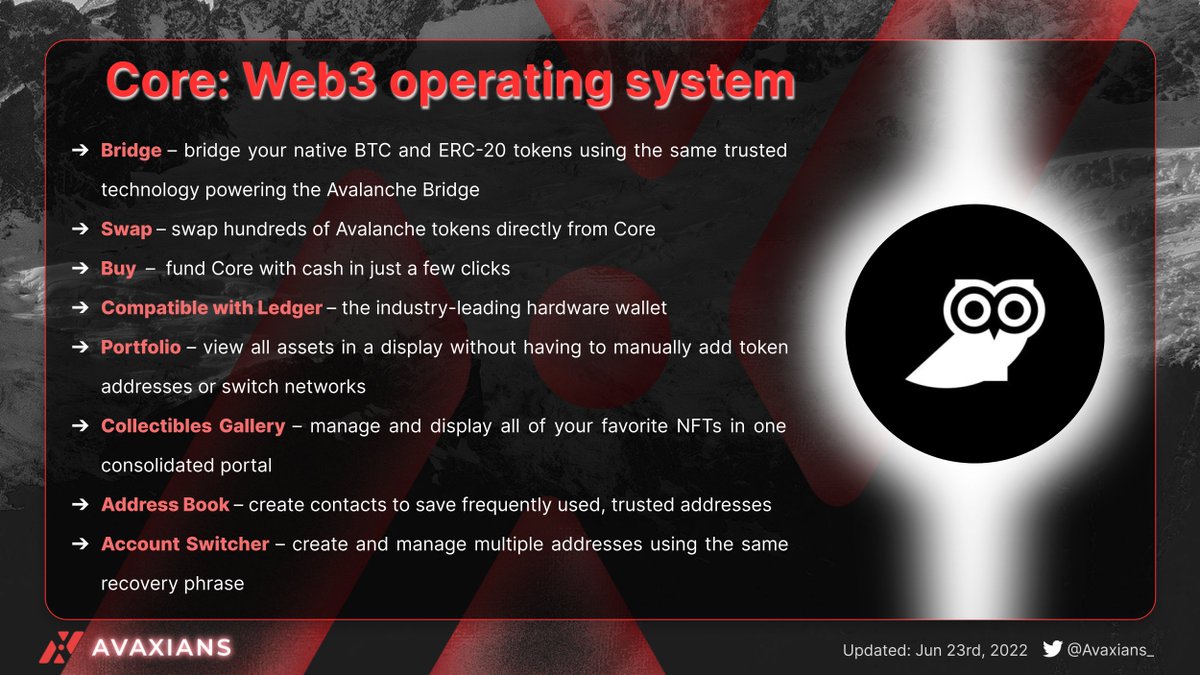 Let's take a look at the new <a href="/CoreApp_/">Core🦉🔺I Avalanche (AVAX) Portfolio & Wallet Help</a> wallet highlights features ✨

Powered by @avalancheavax, Core aims to be an all-in-one Web3 operating system for #Avalanche 

$AVAX #AVAX
