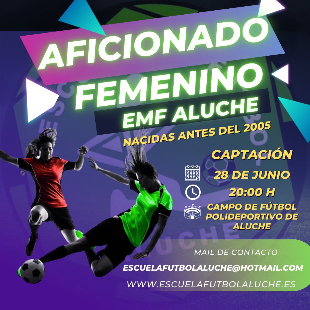 EMFALUCHE's tweet photo. 🚨 ¡Ha llegado la hora! 🚨

⚽️ Si has nacido antes del 2005 y estás interesada en unirte a la escuela, envíanos un correo y ven a las pruebas que se van a realizar la semana que viene 

🗓 28 de Junio
🕢 20:00 H
🏟 Campo de fútbol polideportivo de Aluche

🟢¡Vamos Aluche!🟢 https://t.co/a8LCznyRYg