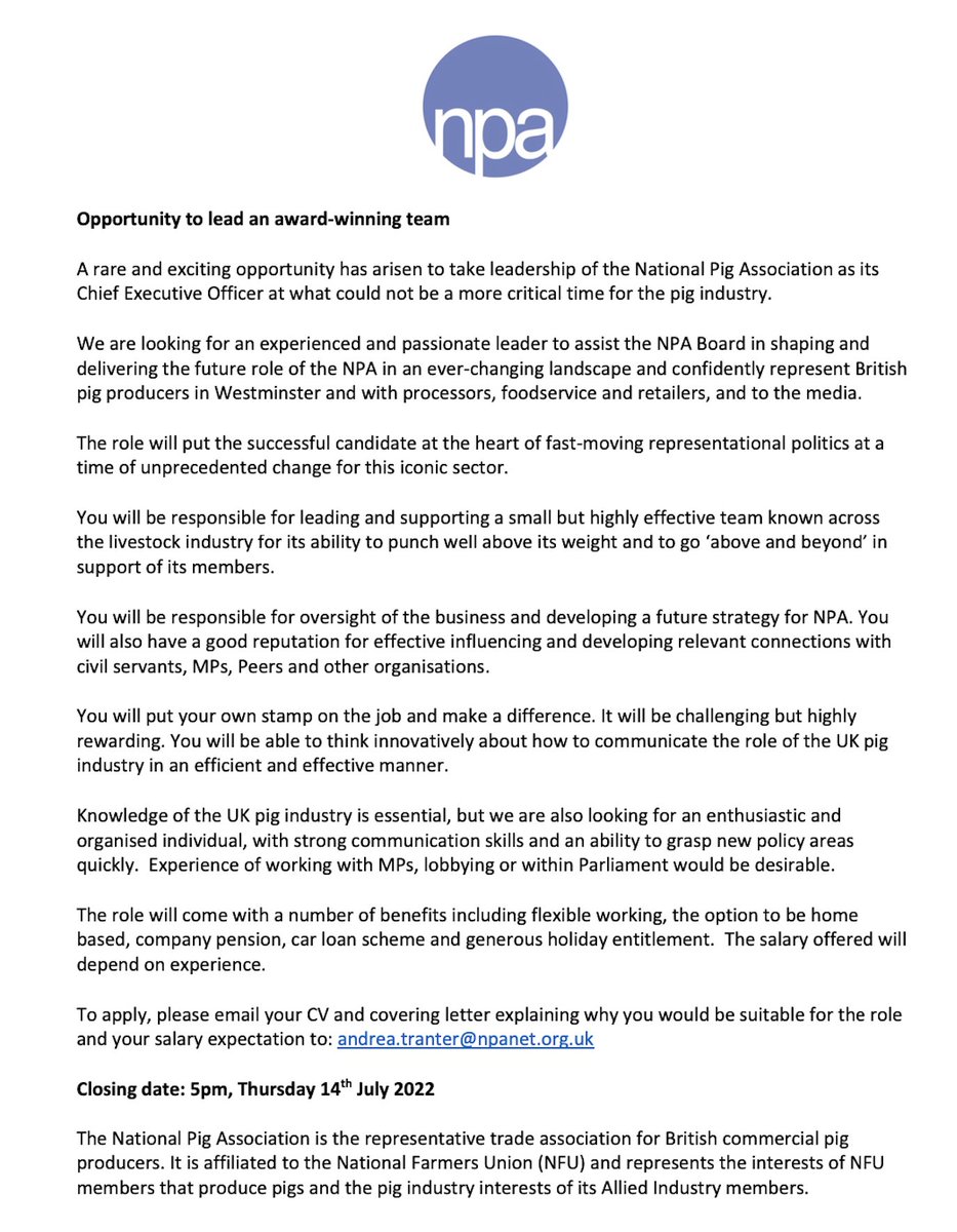 NatPigAssoc's tweet photo. A rare and exciting opportunity to lead an award-winning team!

We are advertising for a new CEO. 

You view the ad 👇and download it here: https://t.co/gyRLJDGcxN https://t.co/eE0Sdt8h5T