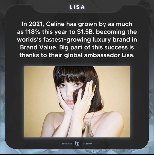 laliceclusive's tweet photo. No matter what you say, Lisa was personally tapped by Hedi Slimane to be the face and the first ambassador of the brand. Put the brand in the map and made Celine as the fastest growing luxury brand in Brand Value to about 118%. 

#LISAXCELINE #LISA #CELINE https://t.co/DIXqntdh3D