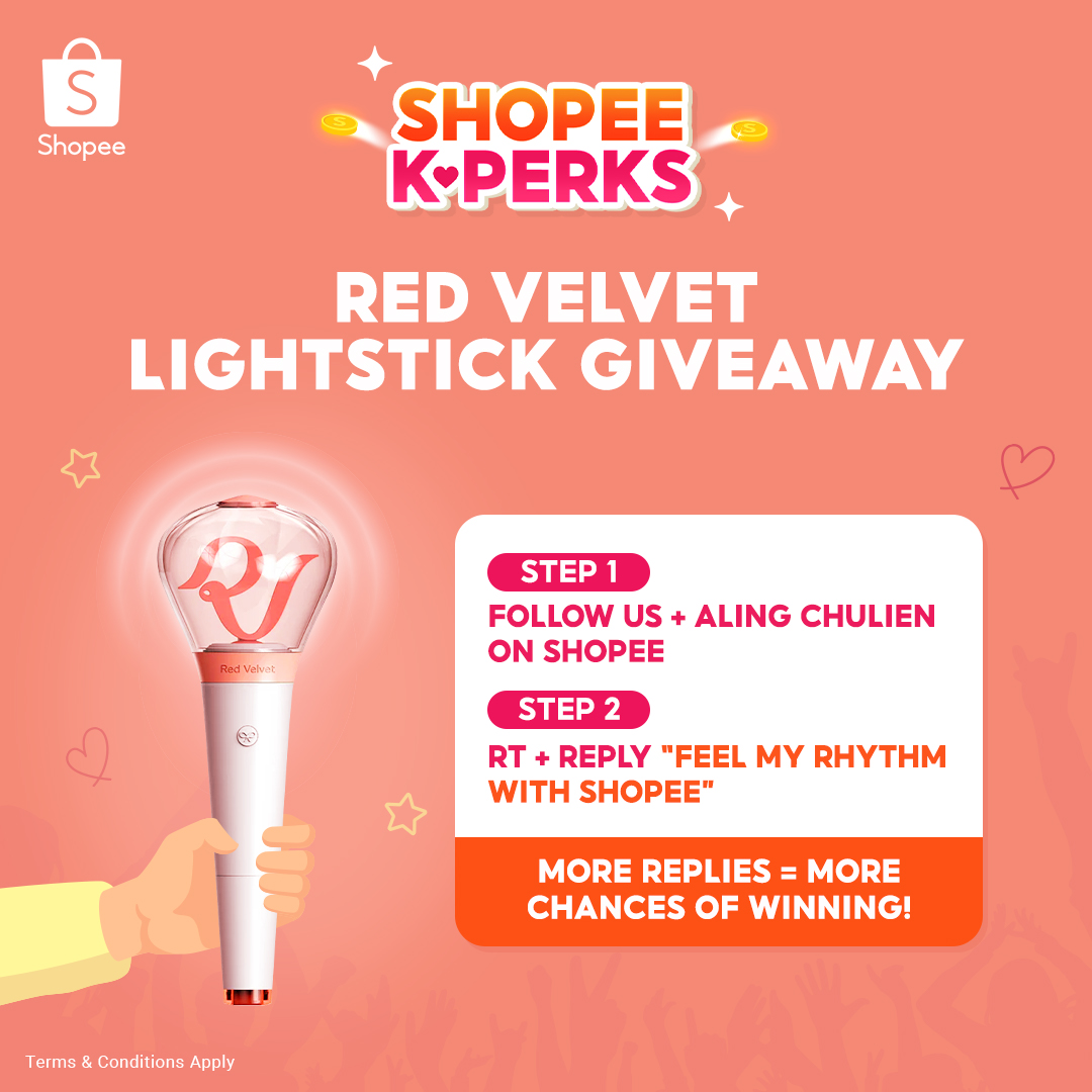 ShopeePH's tweet image. 🍰 RED VELVET LIGHTSTICK  GIVEAWAY 🍰

Sino pa dito ang naghahanap ng lightstick para sa Red Velvet next month? 😉

To join:
1. Follow us + this shop: shopee.ph/hi_chums
2. RT + Reply “FEEL MY RHYTHM WITH SHOPEE”

Reveluvs, SALI NA!

#ShopeePH #ShopeeKPerks