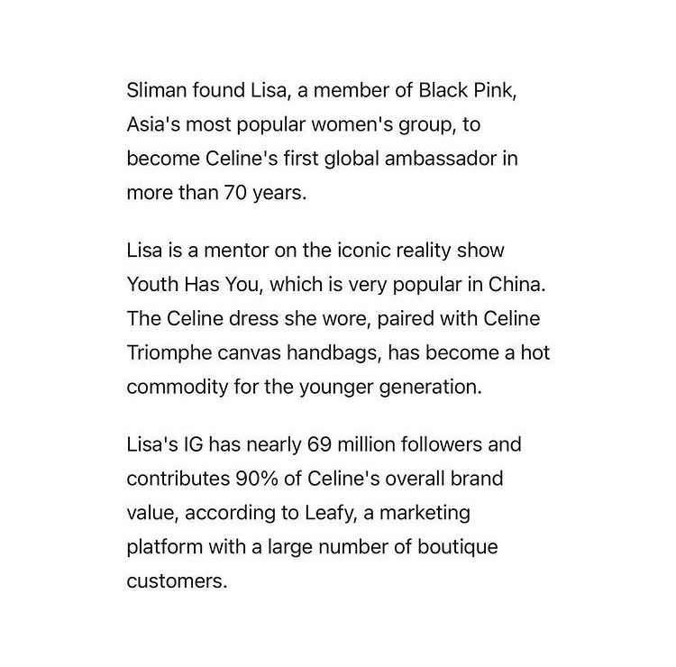laliceclusive's tweet photo. No matter what you say, Lisa was personally tapped by Hedi Slimane to be the face and the first ambassador of the brand. Put the brand in the map and made Celine as the fastest growing luxury brand in Brand Value to about 118%. 

#LISAXCELINE #LISA #CELINE https://t.co/DIXqntdh3D