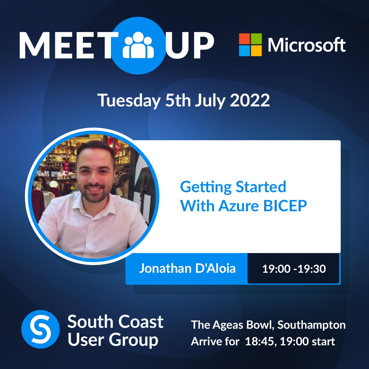 Tuesday 5th July, 7pm, Ageas Bowl, Southampton.

Joined by Jonathan D'Aloia (<a href="/DataOpsDon/">Jonathan D'Aloia</a>) - Getting started with Azure BICEP.

Register to attend: meetup.com/MCSCUG/

✅ Ageas Bowl, Southampton
✅ Monthly, In-person
✅ Free to attend
✅ Free bar &amp; food