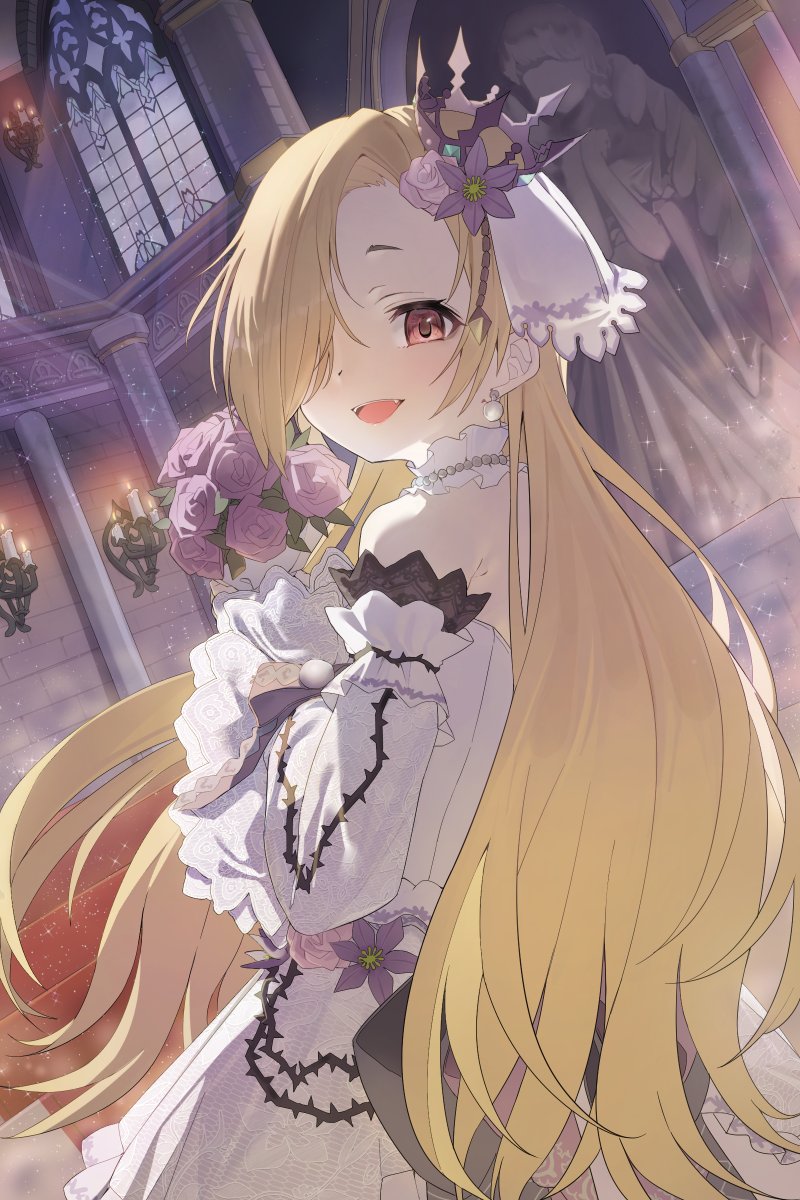 shirasaka koume 1girl dress flower blonde hair wedding dress hair over one eye alternate hairstyle  illustration images