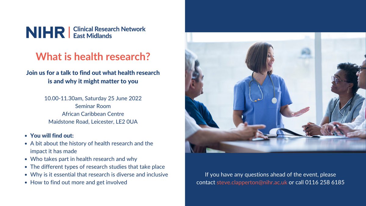 crdc_ln's tweet photo. This Saturday @NIHRCRNEastMids is hosting a community event for people in #Leicester to find out more about #health #research. The session will be held 10.00-11.30am, at the African Caribbean Centre, LE2 0UA. Details ⬇️ https://t.co/rEfWipNCvW