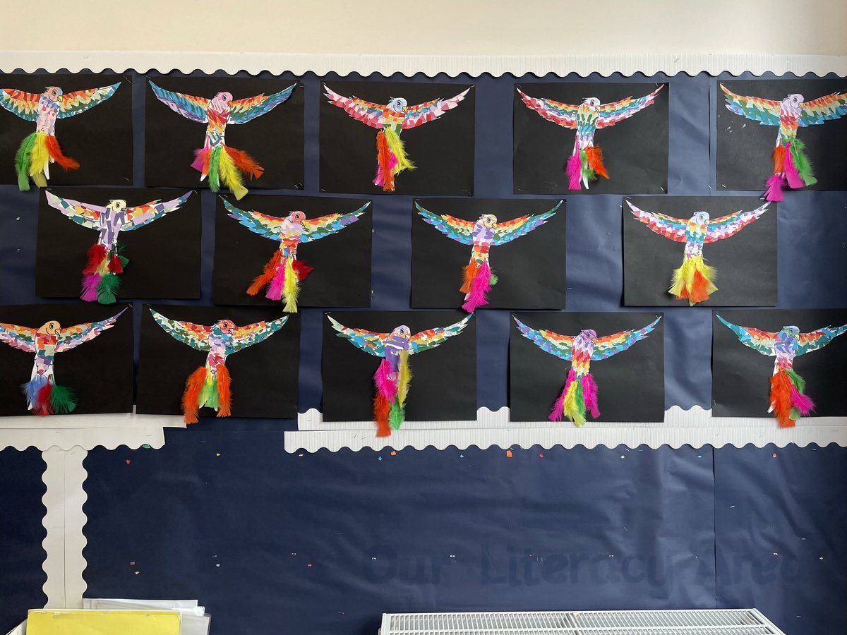 sword_miss's tweet photo. PARROT ART 🦜 Prep 2 worked incredibly hard carefully cutting each individual feather for their beautiful pieces ✂️🪶 we used this mostly as an end of day activity to round off our day with some calm time 😌 https://t.co/WAepONAqyq