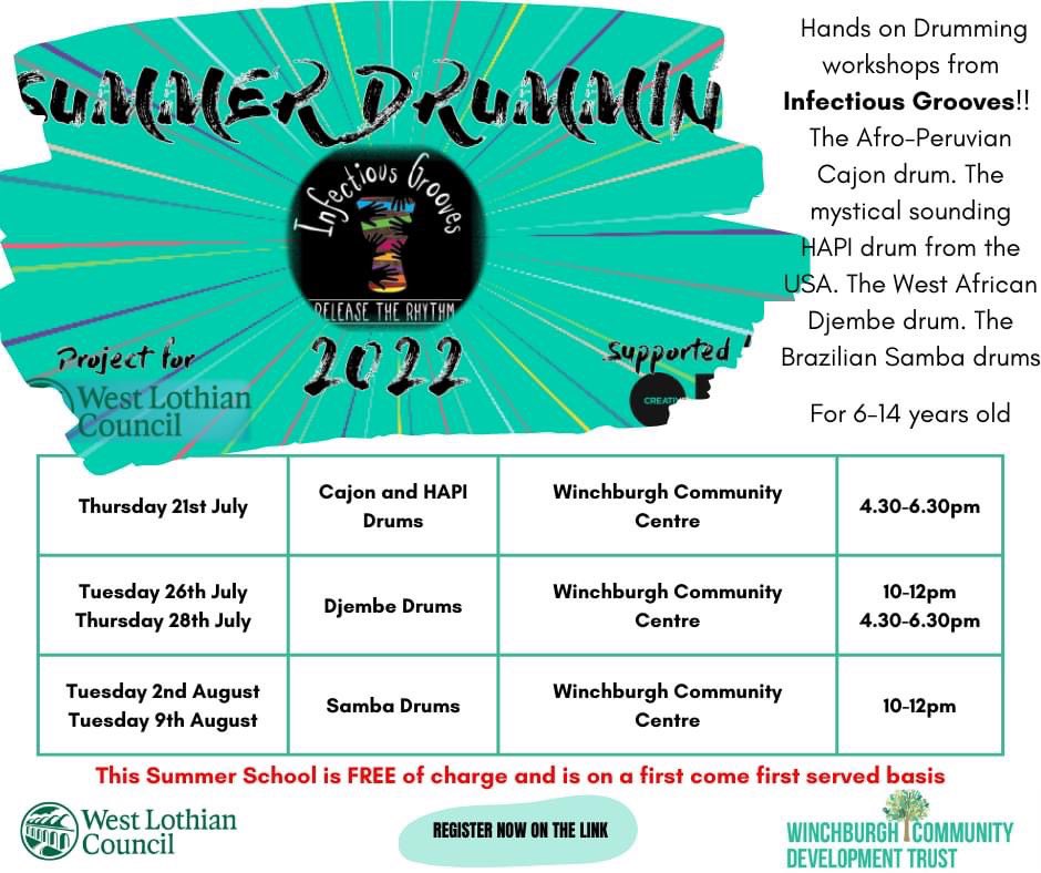 Winchburgh CDT are delighted to launch another Summer Workshop in partnership with West Lothian Council, Infectious Grooves Drumming will be hosting three Workshops.  
Register your child’s place at forms.office.com/r/UvvPtpUSbv 
This is FREE of charge <a href="/wlwinchburgh_ac/">Winchburgh Academy</a> <a href="/Linlithgow_Acad/">Linlithgow Academy</a>