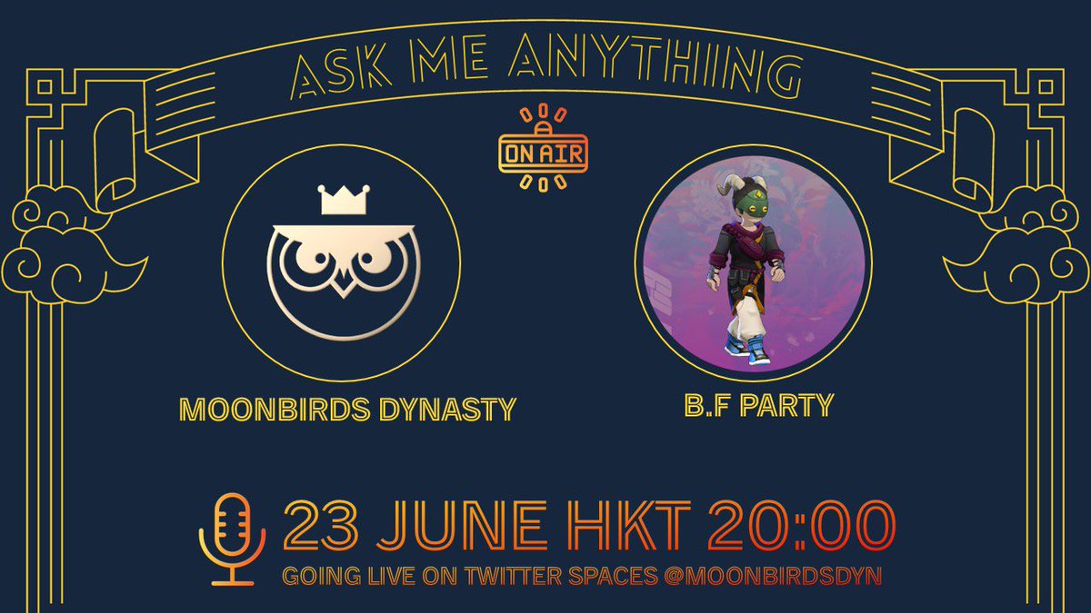 B.F Party x Moonbirds Dynasty🦉AMA

x.com/i/spaces/1rmxP…

Upcoming AMA w/ <a href="/B_F_Party/">B.F.Party</a> on 23th 8am EST via spaces!

我們將於23號 8PM北京時間 與 'B.F Party' 在上述的鏈接上進行雙語AMA。

主持 🎙️
<a href="/jojojo940/">Jojo</a>