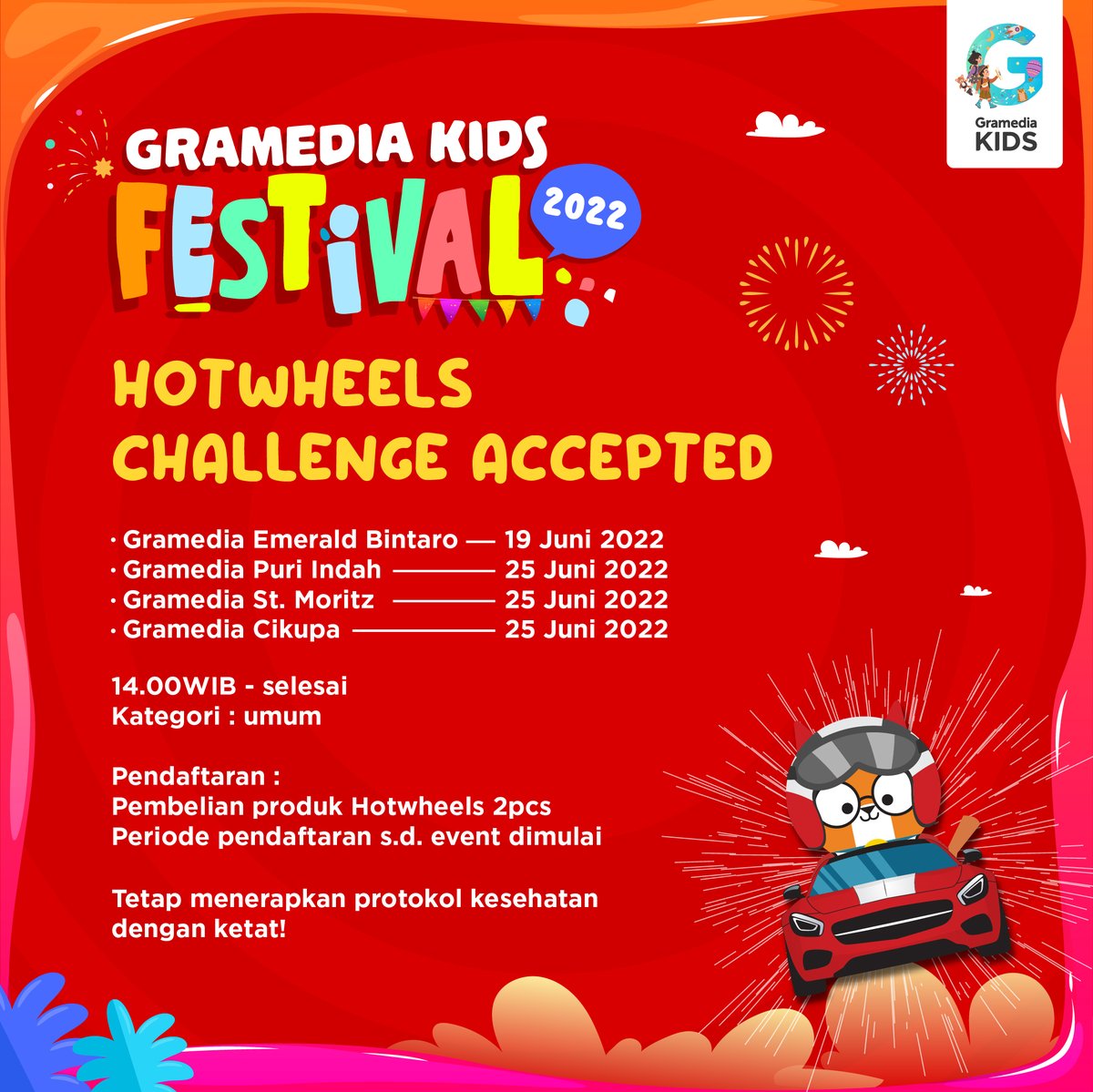 🏁 Gramedia Kids Festival Hotwheels Race Competition! 🏁

Hotwheels Race hadir kembali di bulan ini. 
Kompetisi ini diadakan secara offline di Gramedia Emerald Bintaro, Gramedia Puri Indah, Gramedia ST.Moritz, Gramedia Cikupa.