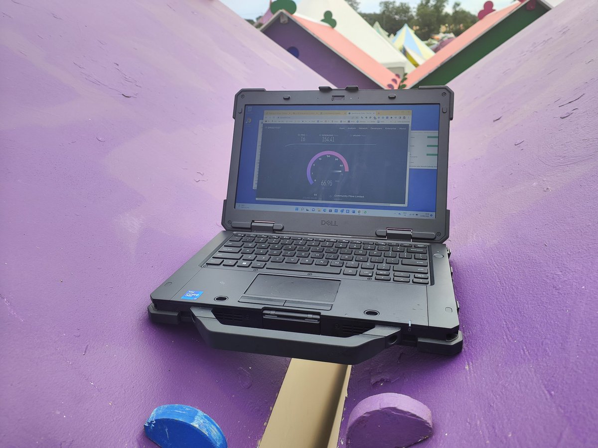 benwood's tweet photo. Combining work and pleasure at @glastonbury. Enjoying using the @Dell Latitude "Rugged Extreme" laptop to keep up with work. Popped an @EE 5G SIM into it and it's flying! Clocked over 150Mbps down and 50Mbps up this morning... https://t.co/XLl4ARGN7q