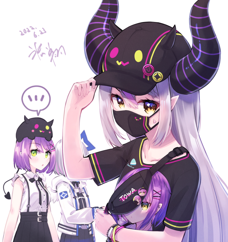 la+ darknesss ,tokoyami towa mask purple hair multiple girls mouth mask horns hat shirt  illustration images