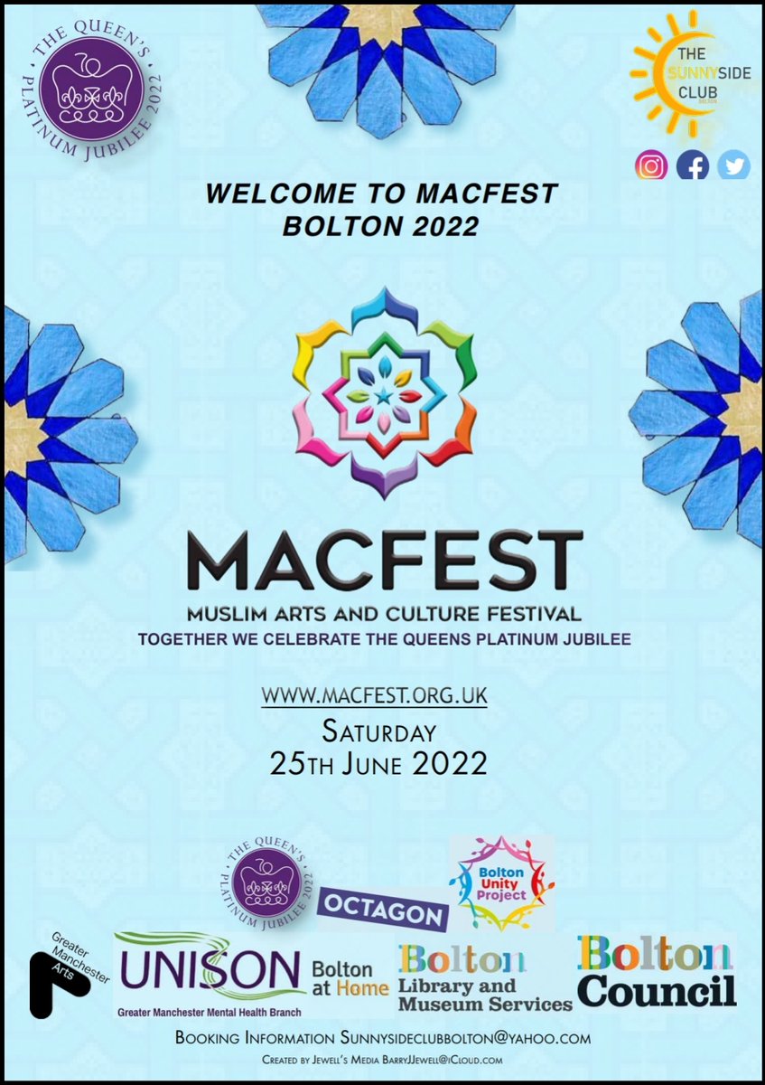 BoltonLMS's tweet photo. 📣MACFEST BOLTON is this Saturday!
This event is organised by @sunnyside_club &amp; showcases the different artistic talents amongst the diverse Muslim Bolton community.
Join us at Bolton Central Lib &amp; Museum 11am-3pm for calligraphy, henna art, crafts &amp; more!
#MACFEST #MACFESTBOLTON https://t.co/4pykEtOthz
