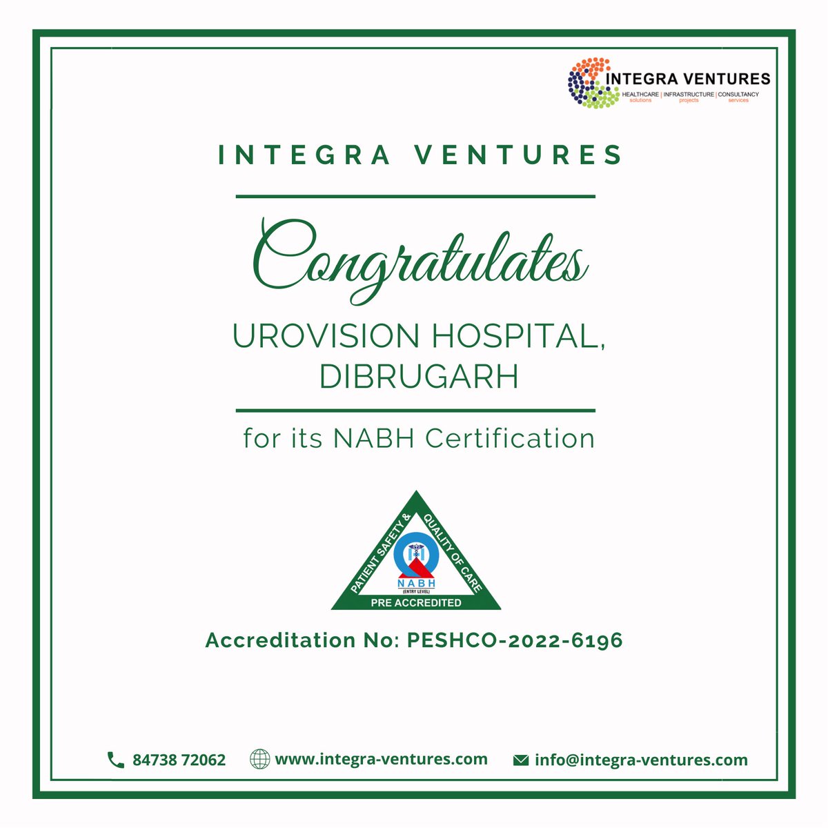 #TeamIntegraVentures congratulates @urovisionhospital for its #NABHAccreditation #EntryLevel👏👏

#accreditation #nabh #nabhaccreditation #nabhpreaccredittaion #hospital #quality #guwahati #assam #india #IntegraVentures #healthcareconsultancyfirm #hospitalplanner #MedicalPlanner