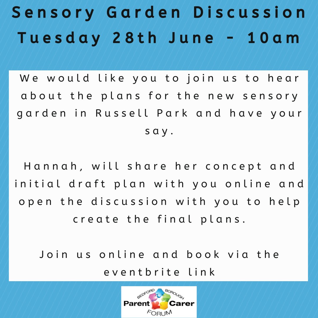 BedsBoroughPCF's tweet photo. Come and join us to hear about the plans for the new Sensory Garden at Russell Park from the designer, Hannah Slaymaker

Book your place here https://t.co/RLVQKTbiPh

@BedfordCouncil 
@chameleonpaper 
@AutismBeds 
@Bedfordlocalof1 
@HealthwatchBB 
@CarersInBeds 
@BDCPS https://t.co/SPPMbyUVaV