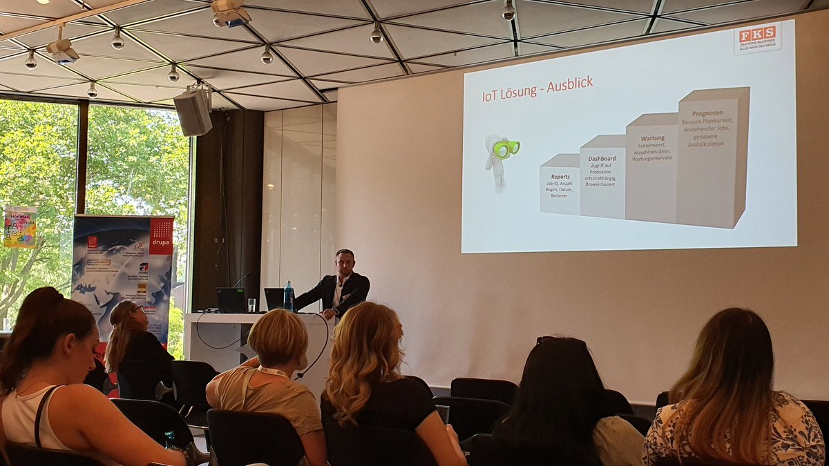 drupa's tweet image. However, the goal is continuous developments for example in areas such as #IoT. Here measures are worked on that enable customers to produce faster and safer by for example giving distant diagnoses with the help of a dashboard, as C. Wolters explains at #PrintDigitalCon. (2/2)