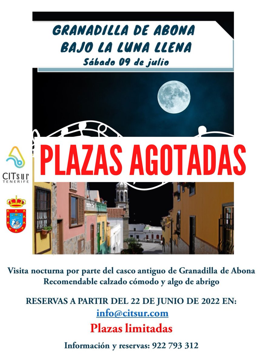 PLAZAS AGOTADAS!!!
Estimados/as Seguidores;
Queremos informarles que las plazas para la Ruta Granadilla Bajo la Luna Llena del próximo sábado 9 de julio están agotadas. 
Recabamos información para incluirlos en lista de espera si lo desean.
¡Gracias por contar con el CIT Sur!