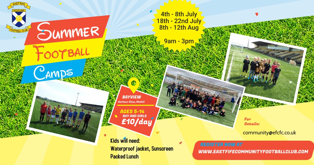 Are you looking for something for the kids this summer?
At East Fife CFC we are once again running our popular Football camps for 3 weeks of this years summer holidays. The camps are a fun and no pressure environment to come and play football and learn some new skills⚽️⚽️⚽️