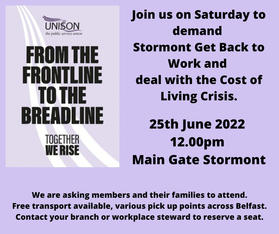 UnisonRvh's tweet photo. 🟪🟩 Please SHARE 🟪🟩
Free bus for UNISON members and their family's, up to Stormont on Saturday at 11.00am outside St Dominics school... 
🚌🚍🚌🚍🚌🚍🚌🚍🚌🚍
🟥 Get on the bus to make a change 🟥 https://t.co/23UHqKY2wD
