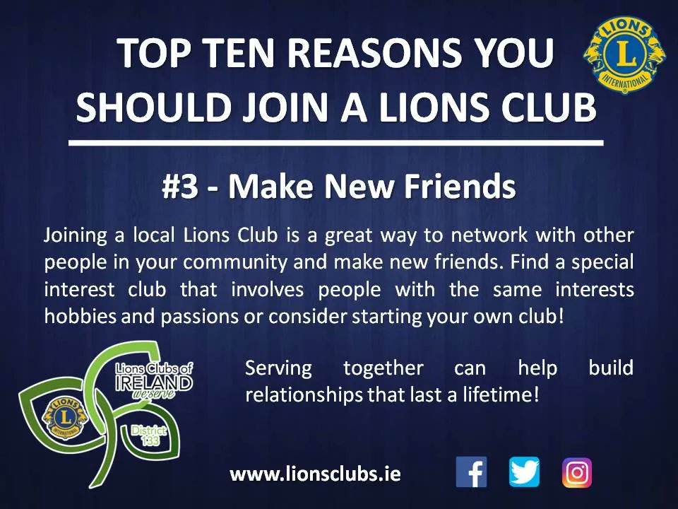 lionsclubsIrl's tweet photo. Top Ten Reasons You Should Join A Lions Club
No. 3 - Make New Friends
#WeServe #KindnessMatters #LionsClubs #LCI #Top10Reasons #JoinLions https://t.co/VGG5ympyRN