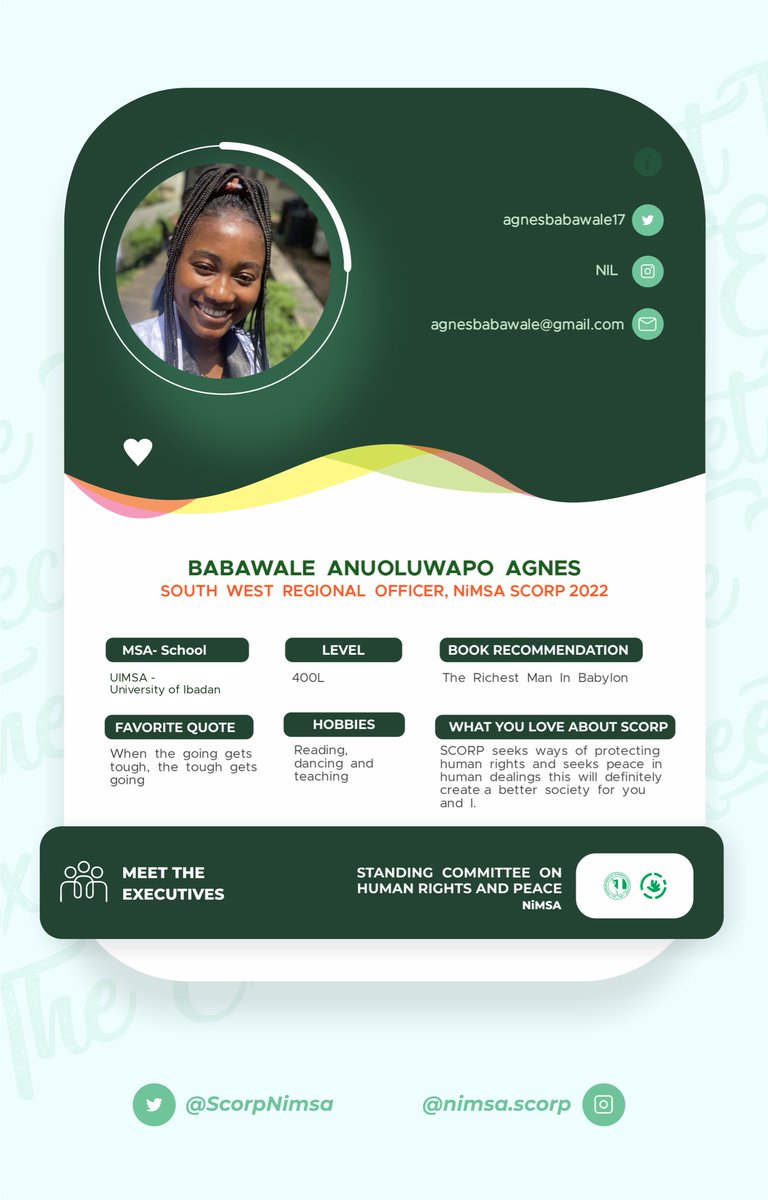 ScorpNimsa's tweet photo. Introducing our NiMSA SCORP Executives💚💚
Meet our South West Regional Officer: Agnes Babawale
#knowyourexecutives
#NiMSASCORP https://t.co/aeiwIFbNvG