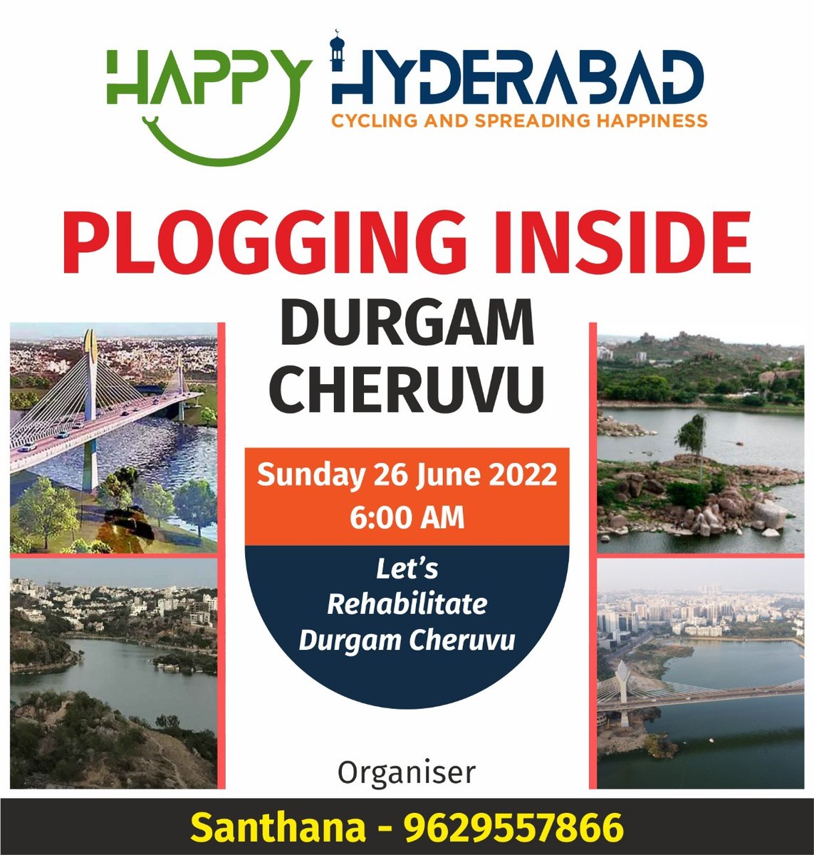 Please join us on 26 June 2022 , 6 am at Durgam Cherevu 

Initiative by #HappyHyderabad 
Initiated by @sselvan #BicyclemayorofHyderabad 

We can walk / Run & do #plogging Cleanup at #durgamcheruvu track

Please everyone join 🏃‍♀️🚵‍♂️

#CyclistHyderabad #communityservicebybicycle