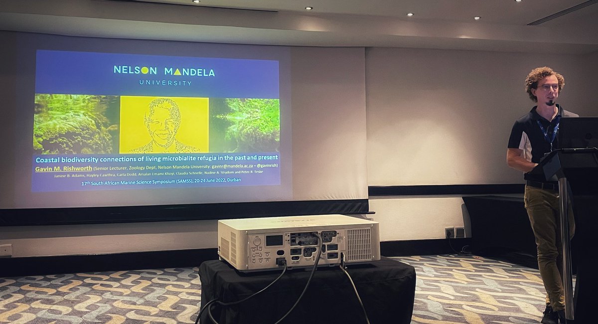 JackieRaw_'s tweet photo. Session: Novel insights from ecology &amp; biology. Gavin Rishworth presents his research on #biodiversity in #microbialites. Ecological traps 🚫, evolutionary islands 🏝 &amp; connectivity 🌉 exciting research, new species, potential for geotourism, &amp; links to human history #SAMSS2022 https://t.co/ryiy1e8ys9