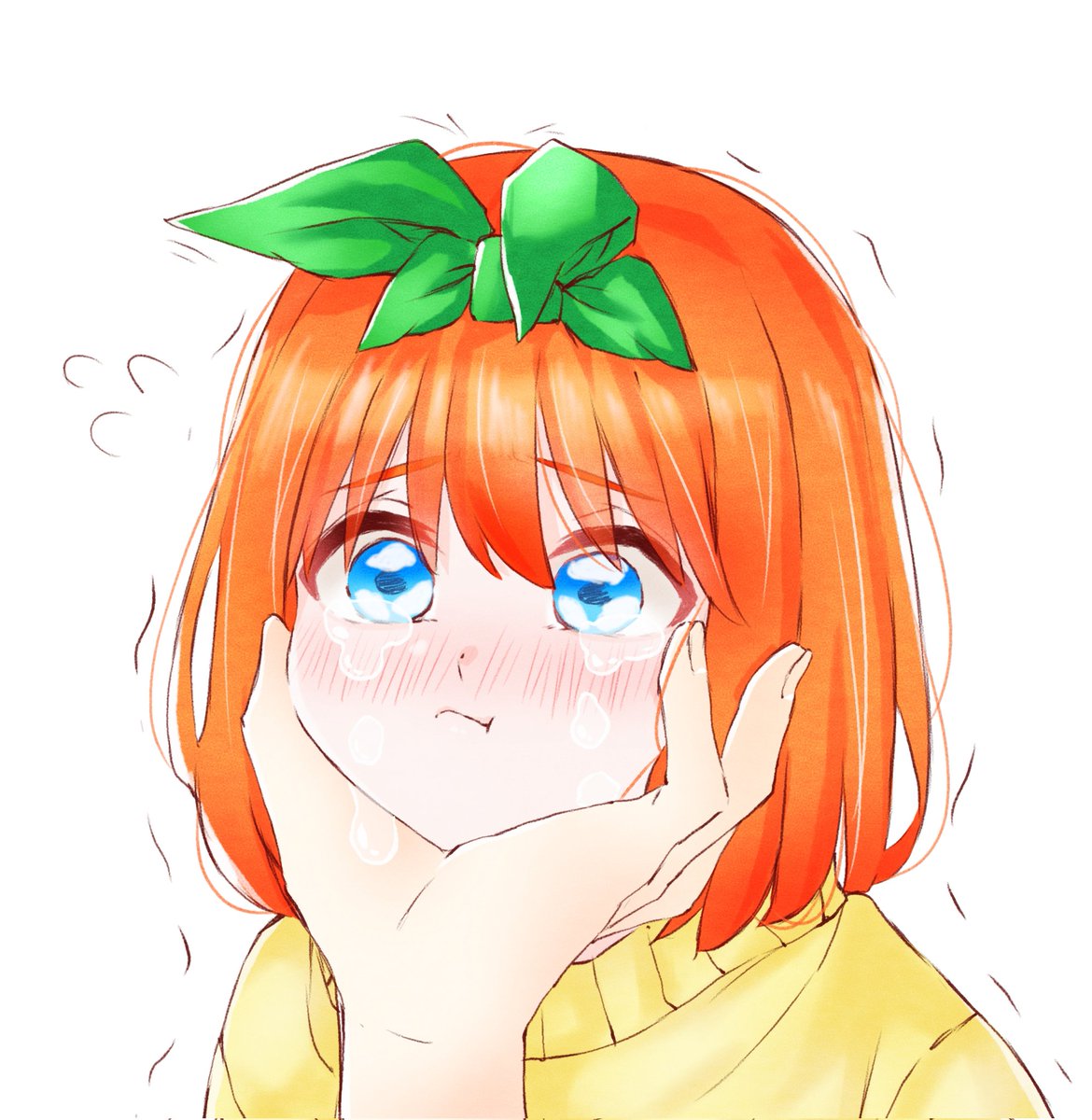 nakano yotsuba 1girl blue eyes orange hair blush sweater white background yellow sweater  illustration images