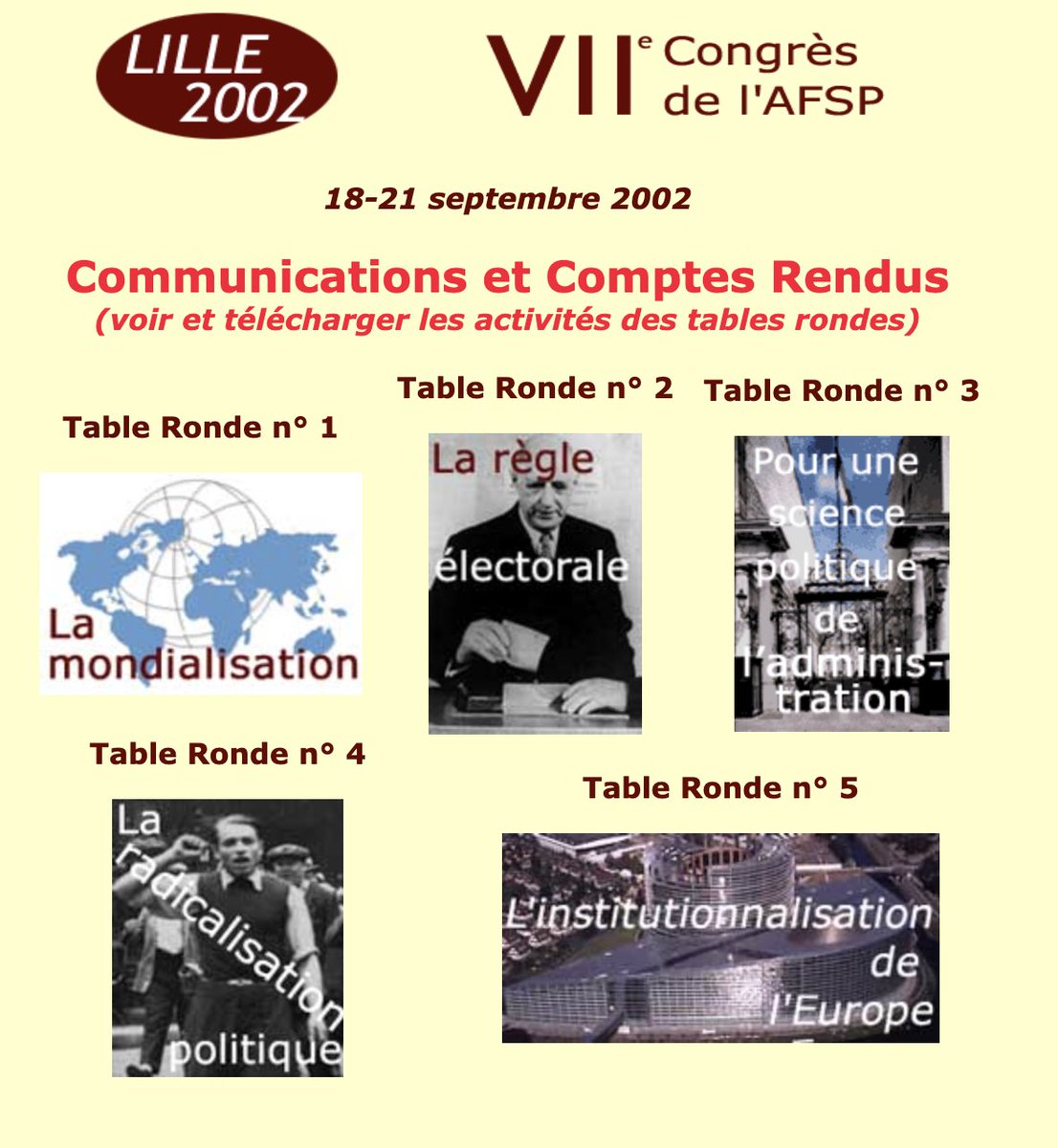 afspinfos's tweet photo. Mais il y a quand même un lien avec 2002 puisque le 7e Congrès national de l'AFSP s'est tenu il y a justement #20ans à Lille ! 🎂
Pour savourer un #instantarchives, retrouvez le programme (et les communications !) du congrès de 2002 👉 https://t.co/bQ7KYdfMcU https://t.co/RZ5llxnzOk