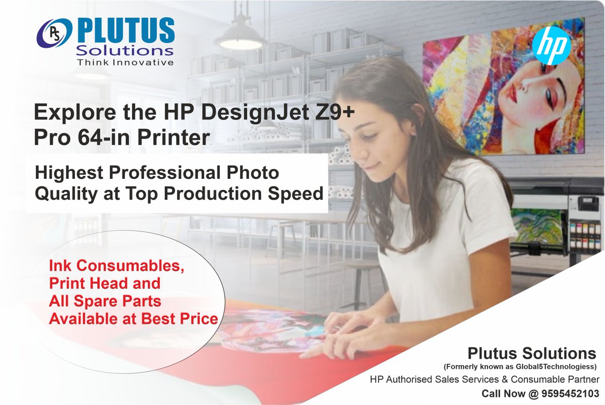 PlutusSolution's tweet image. Explore the HP DesignJet Z9+ Pro 64-in Printer
Highest professional photo quality at top production speed. Also All spare parts, Print head and Ink consumables available at best price. For aggressive price call on 9595452103.
#hpcatridges #hplargeformatprinter #inkcartridges