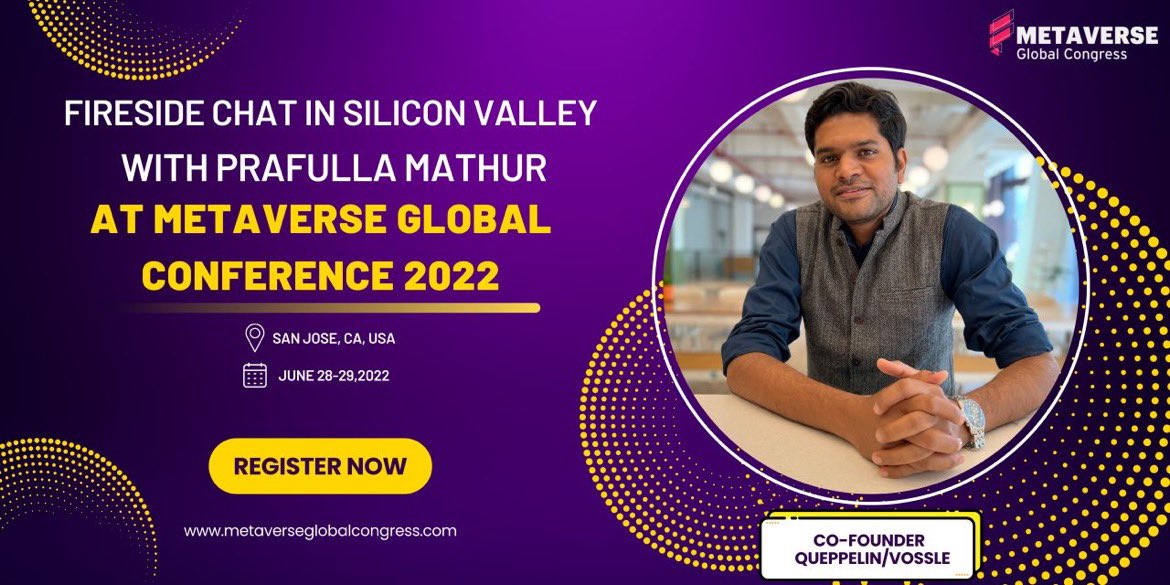 prafullamathur's tweet photo. Fireside Chat | Silicon Valley | Metaverse | Queppelin | Vossle
I'm excited to be speaking at the Metaverse Global Congress, SJ, California (McEnery Convention Center) on 28th June 2022.
Meet me there if you’re around.
#Metaverse #Web3 #NFT #ar #VR #AI #metaverseglobalcongress https://t.co/AZ28XXsaMK