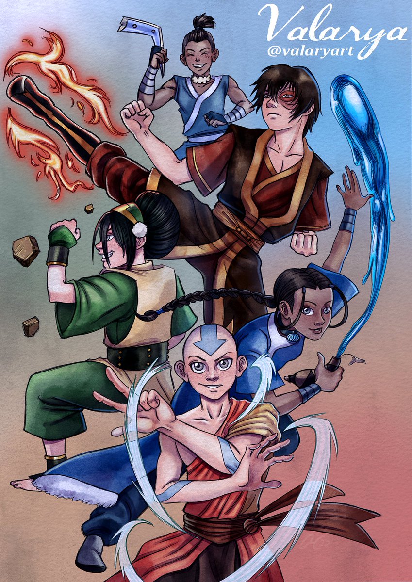 valaryart's tweet photo. Enjoy my new Avatar the Last Aribender fanart full colored. This is one of my favourite TV shows ever! So, tell me... What's your favourite type of bending? 🌊⛰️🔥🌪️#teamavatar #avatarthelastairbender #aang #zuko #katara #toph #sokka #avatarfanart #digitalart https://t.co/x0HqQMxEAh