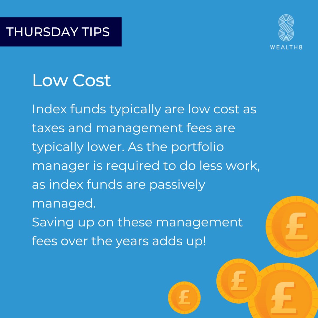 Index funds tend to be a popular choice for investing- they give you the chance to invest in a group of stocks in one go without paying a fortune! Swipe for reasons why index funds are a good choice for beginners. #Wealth8 #indexfunds #ThursdayTips #Investing.