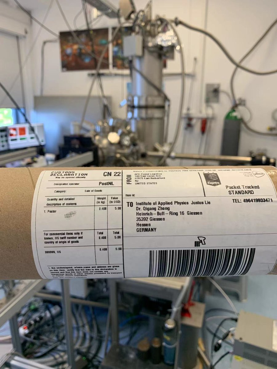 ZhongQigang's tweet photo. A nice present has travelled 6000+ km from the US to the LT-AFM lab of Prof. Schirmeisen's group at JLU Giessen, Germany, to celebrate our recent work published in JACS!🥳 (https://t.co/T8DR1cJifk) #OnSurfaceSynthesis #STM #ncAFM https://t.co/uV2VoPBuiF