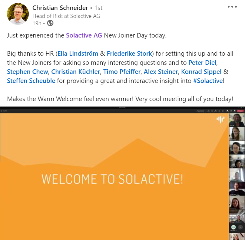 Solactive's tweet photo. We are 𝗱𝗲𝗹𝗶𝗴𝗵𝘁𝗲𝗱 to 𝘄𝗲𝗹𝗰𝗼𝗺𝗲 𝗻𝗲𝘄 𝗵𝗶𝗿𝗲𝘀 on our 𝗡𝗲𝘄 𝗝𝗼𝗶𝗻𝗲𝗿𝘀 𝗗𝗮𝘆. We are very happy to have you with us!
 
We are hiring. 𝗖𝗵𝗲𝗰𝗸 𝗼𝘂𝘁 𝗼𝘂𝗿 𝗼𝗽𝗲𝗻 𝗽𝗼𝘀𝗶𝘁𝗶𝗼𝗻𝘀 here: 👉 https://t.co/RBeg9dApF3

#Solactive #WeAreHiring #Indexing https://t.co/uFgmYadOcF