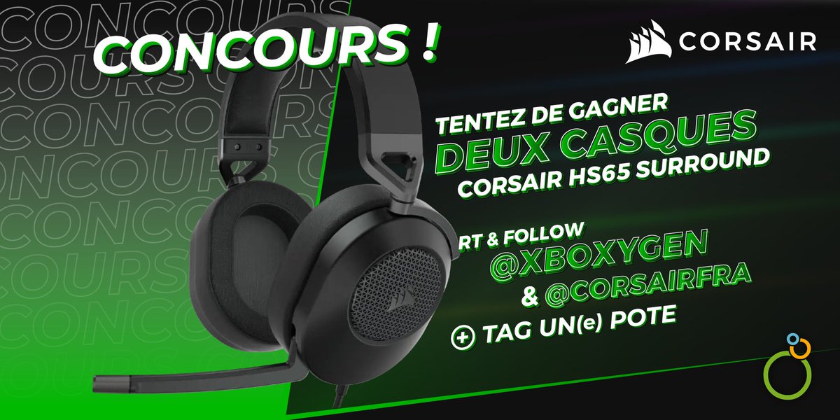 Xboxygen's tweet photo. 🎁#CONCOURS🎁

Deux casques Corsair HS65 SURROUND à gagner pour #Xbox !

🎧 Un casque pour toi + un casque pour un(e) pote à taguer dans le RT !

🔁 RT ce tweet
✅ Follow @Xboxygen et @CORSAIRFRA 
 
🍀 TAS 07/07 https://t.co/7Taqh7hnh3