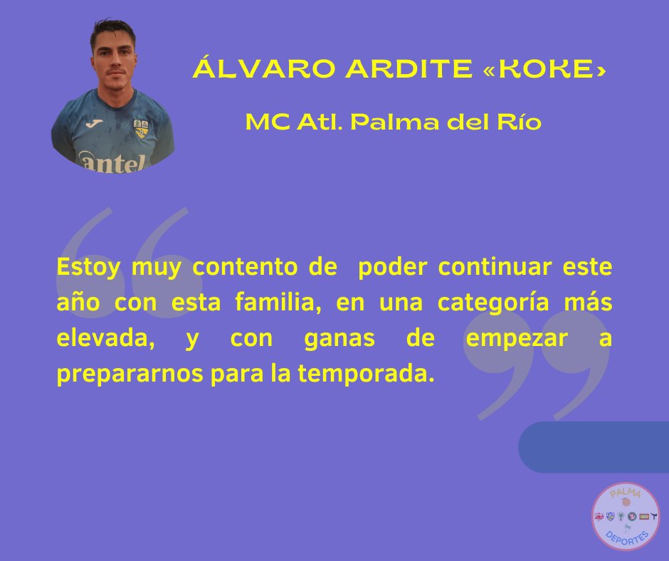 palmadeporte's tweet photo. ✍️💛💙 RENOVACIÓN | ¡ @alvarokoke28 se suma a la lista de renovados del @AtcoPalmadelRio !

El jugador astigitano, autor del primer tanto en la final del playoff de ascenso, y muy querido por la afición palmeña, está con ganas de que comience a rodar el balón una temporada más.💪 https://t.co/UyE4yqYW7q
