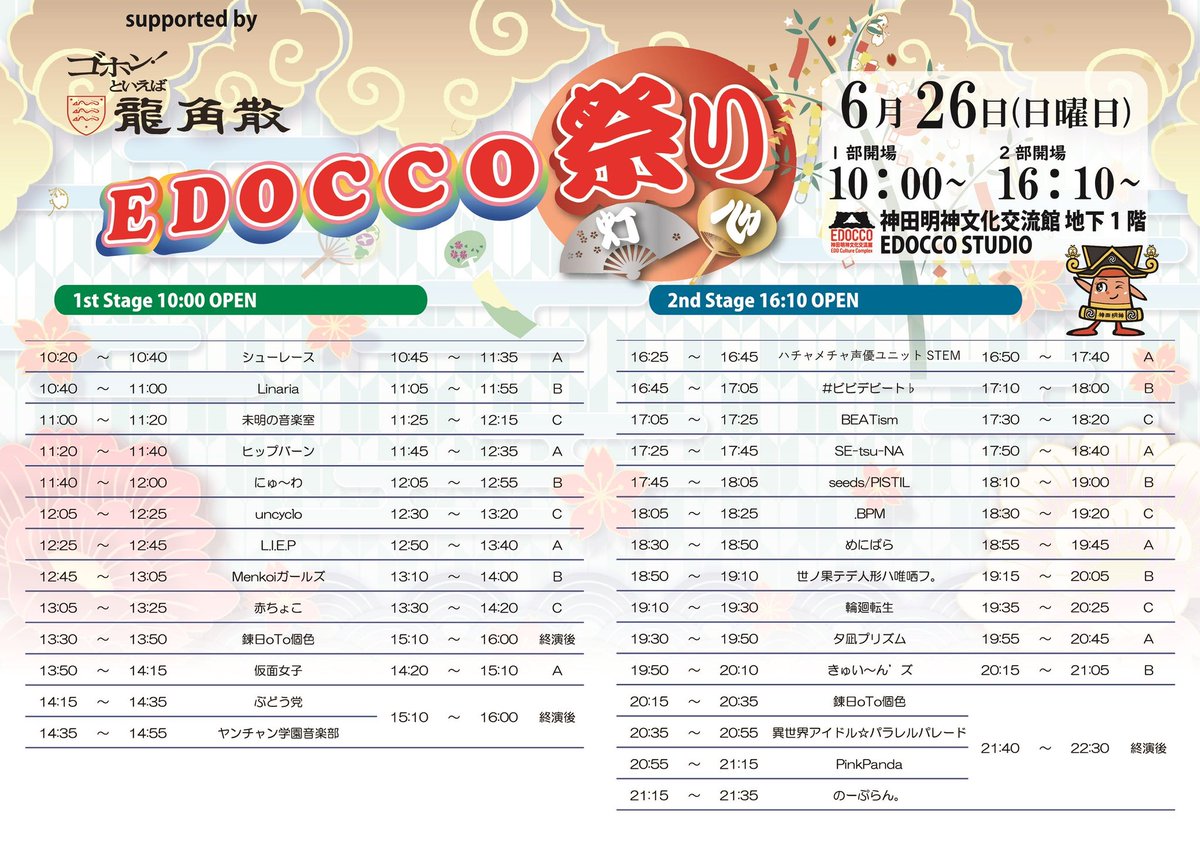 info_BEATism's tweet photo. 「EDOCCO祭りsupporeted by 龍角散」2部に出演✨
6/26(日) 
開場/ 16:10 開演/ 16:25  前売3000円 当日3500円

🎤17:05〜17:25
マスク必須での声出し可 ジャンプ可となります。
🎫チケットはコチラ
https://t.co/TYOF438B4E https://t.co/XAZ0ZFxUuQ