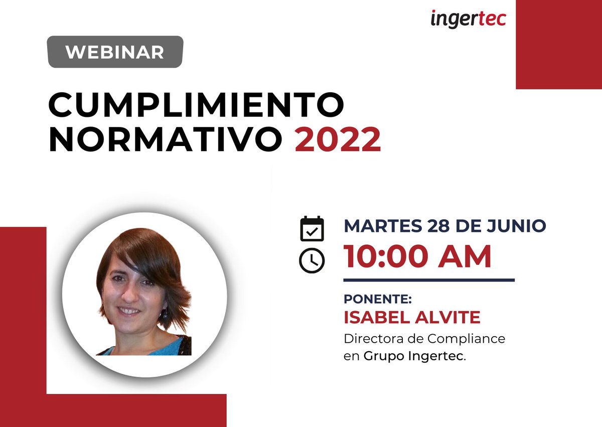 Ingertec's tweet photo. 📣 I 𝐖𝐞𝐛𝐢𝐧𝐚𝐫 𝐠𝐫𝐚𝐭𝐮𝐢𝐭𝐨: 𝐂𝐮𝐦𝐩𝐥𝐢𝐦𝐢𝐞𝐧𝐭𝐨 𝐍𝐨𝐫𝐦𝐚𝐭𝐢𝐯𝐨 𝟐𝟎𝟐𝟐

En este webinar, explicaremos a detalle la contextualización y requisitos a cumplir en este 2022. 
Para participar, inscríbete gratis aquí 👉 https://t.co/FMpLEvVTIh https://t.co/m4hhzzRHoA