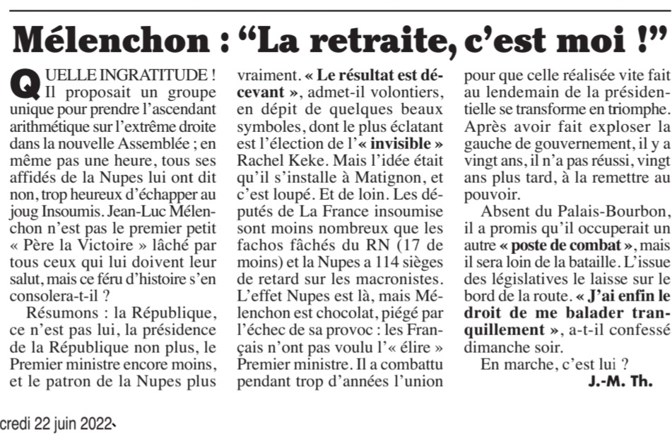 #Mélenchon moqué et ridiculisé par le Canard Enchaîné !
"La République ce n'est pas lui, la présidence de la République non plus, le 1er ministre encore moins, et le patron de la #Nupes plus vraiment"!