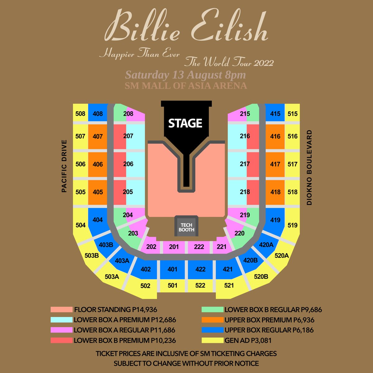 livenationph's tweet photo. Announcement 📢📢📢

Billie Eilish #HappierThanEverMNL Seat Map x Ticket Purchase Guidelines at the SM MOA Arena on 8/13!

Tickets available for Fan Club Pre-sale on 6/24. #LNPH Pre-sale on 6/25, 10AM, and Public On-sale on 6/27, 10AM via https://t.co/HCHUiNjNaW &amp; its outlets. https://t.co/DHjSZ9PXbi