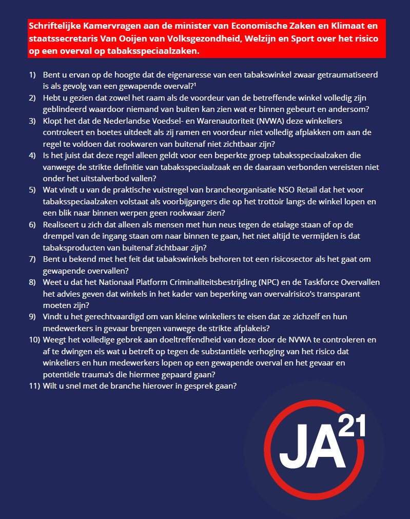 Tabaksspeciaalzaken lopen een reëel risico op een overval. Nu moeten ze ook nog hun ramen volledig (van buiten naar binnen en andersom) gaan blinderen. Wat is dit voor gekkigheid? Winkeliers en hun medewerkers lopen hierdoor nog meer gevaar. Kamervragen dus