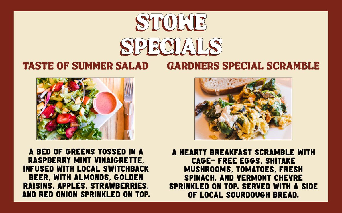 The Skinny Pancake (@skinnypancake) on Twitter photo Strawberries 🍓, Summer 🌞, & <a href="/SwitchbackBeer/">Switchback Brewing</a> 🍺
Summer is in full spin with these new specials at SP Stowe!
Head over to The Skinny Pancake at 454 Mountain Rd in Stowe to get a taste of these specials while the last!
& Catch our Summer Jazz Brunch series on Sundays! Strawberries 🍓, Summer 🌞, & <a href="/SwitchbackBeer/">Switchback Brewing</a> 🍺
Summer is in full spin with these new specials at SP Stowe!
Head over to The Skinny Pancake at 454 Mountain Rd in Stowe to get a taste of these specials while the last!
& Catch our Summer Jazz Brunch series on Sundays!
