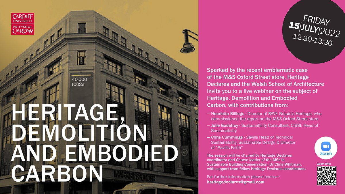 Heritagedecl's tweet photo. UPCOMING WEBINAR: 'Heritage, Demolition and Embodied Carbon': 15th July 12:30-13:30pm on Zoom.
Sparked by the case of the M&amp;S Oxford Street store, we invite you to a live webinar in collaboration with @WSofArchi Sign up here: https://t.co/q3pawKQp0h
#heritage #sustainability https://t.co/fJQgQRSAav