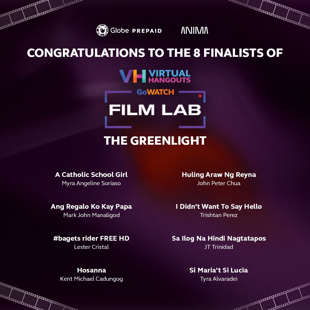 animastudiosph's tweet photo. Meet the Top 8 Finalists of the #GlobeVirtualHangouts GoWATCH Film Lab - The Greenlight!

These finalists will study under our mentors @jphabac, @ErikMatti, @tonetjadaone, and castrojade but only ONE will win a 200,000PHP grant to jumpstart their films projects. Congratulations! https://t.co/9ShSYNjWt8