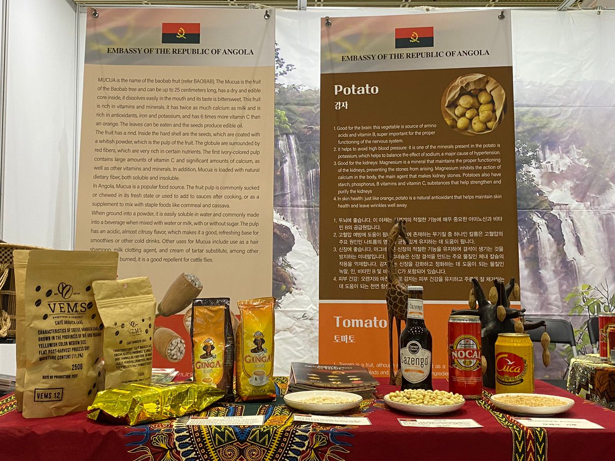 A Embaixada de Angola na Coreia do Sul participa, de 23 a 25 de Junho, na Feira de Produtos Importados de 2022, que está a ser promovida na cidade de Seul, pela Associação de Importadores Coreanos (KOIMA), com produtos como café,feijão, múcua, milho,cerveja Cuca, Nocal e Cazengo.