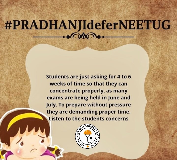 AIJNSA_official's tweet photo. NEET UG ASPIRANTS CONCERNS ARE GENUINE, AUTHORITIES SHOULD CONSIDER IT IMMEDIATELY-

1. Delayed 2021 counselling
2. SINGLE ATTEMPT and that too between JEE attempts
3.  Inadequate prep time due to delayed date notice 
4. Clash with other CETs. 
#DharmendraPradhanHelpUs https://t.co/JUfJL90xHp