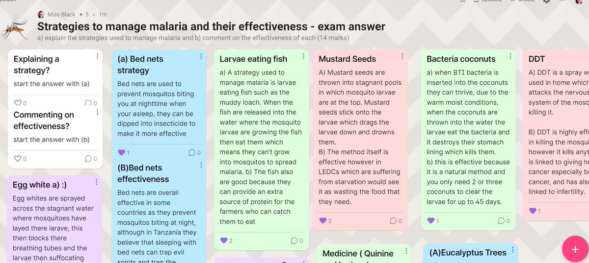 Proud of the <a href="/BerthaParkSoc/">Bertha Park Social Subject & RMPS</a> Higher Geographers this morning - they worked well together to produce this answer on the strategies used to manage malaria. Thanks <a href="/padlet/">Padlet</a>! 🦟😀 #sl #ec #TopGeographers #teamwork