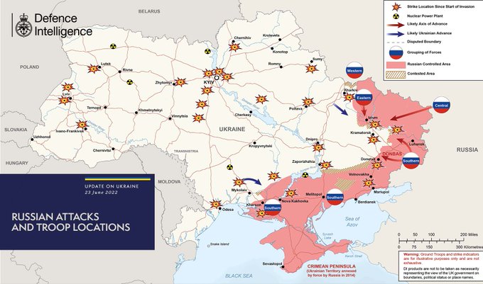 Map of Ukraine that shows latest Russian attacks and troop locations as of 23 June