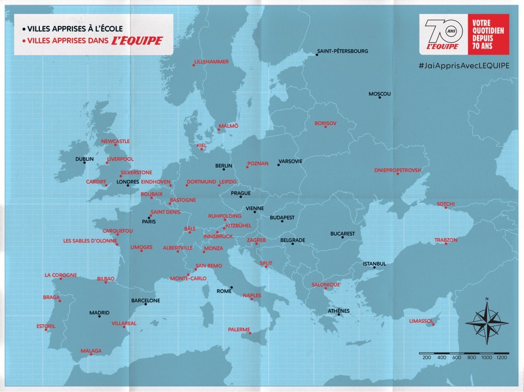 🗺 Cette excellente campagne de publicité cartographique réalisée à l'occasion des 70 ans de <a href="/lequipe/">L'Équipe</a> 

⚫️ Les villes apprises à l'école
🔴 Les villes apprises grâce au sport