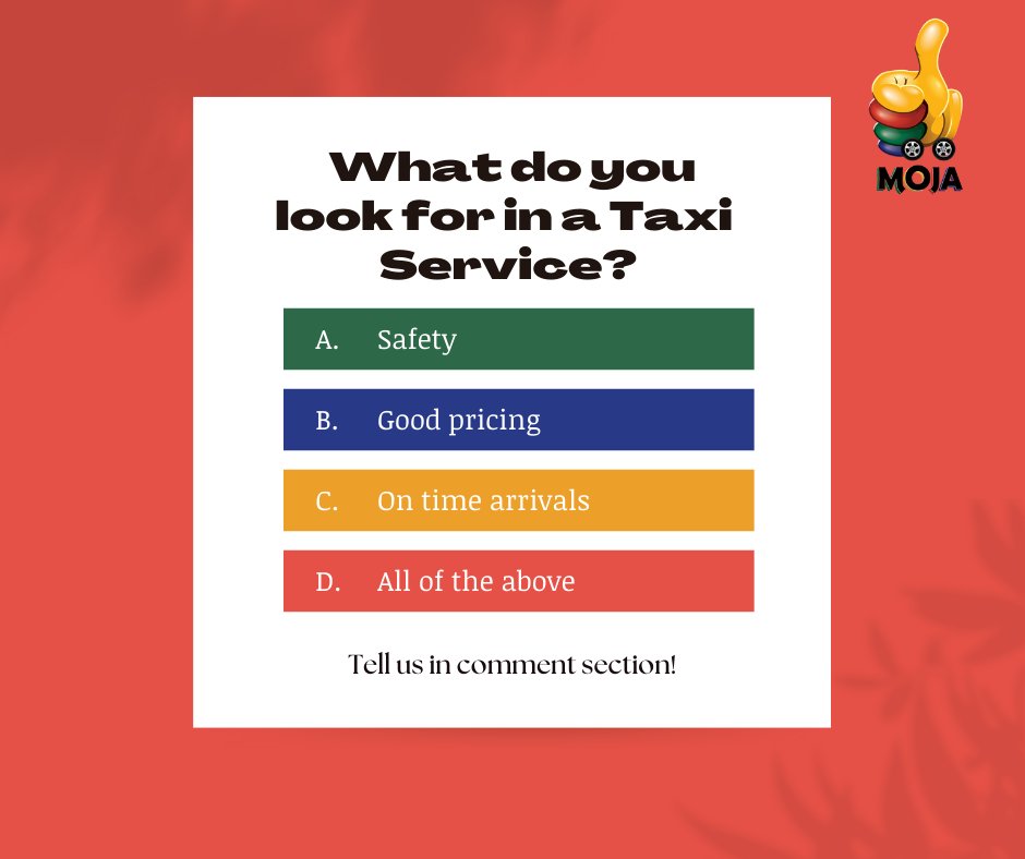 MojaTaxi's tweet photo. It's time to share!
What do you look for in a taxi service?

Tell us about your experiences with other providers and what you are looking for in a taxi service in the comments section below ⬇️

Launching soon...
Watch this space.
#share #taxi #rides #taxiservice #travel #car https://t.co/0aPR65p0lA